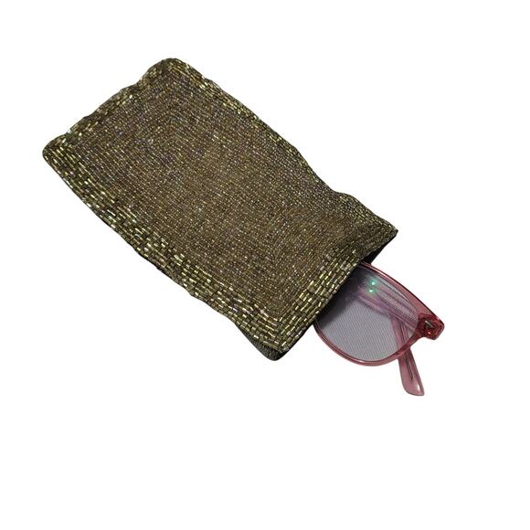 1980s Beaded Light Brown Handbag Flex Frame Eyeglass Rectangle Pouch Bag Case - Picture 3 of 5
